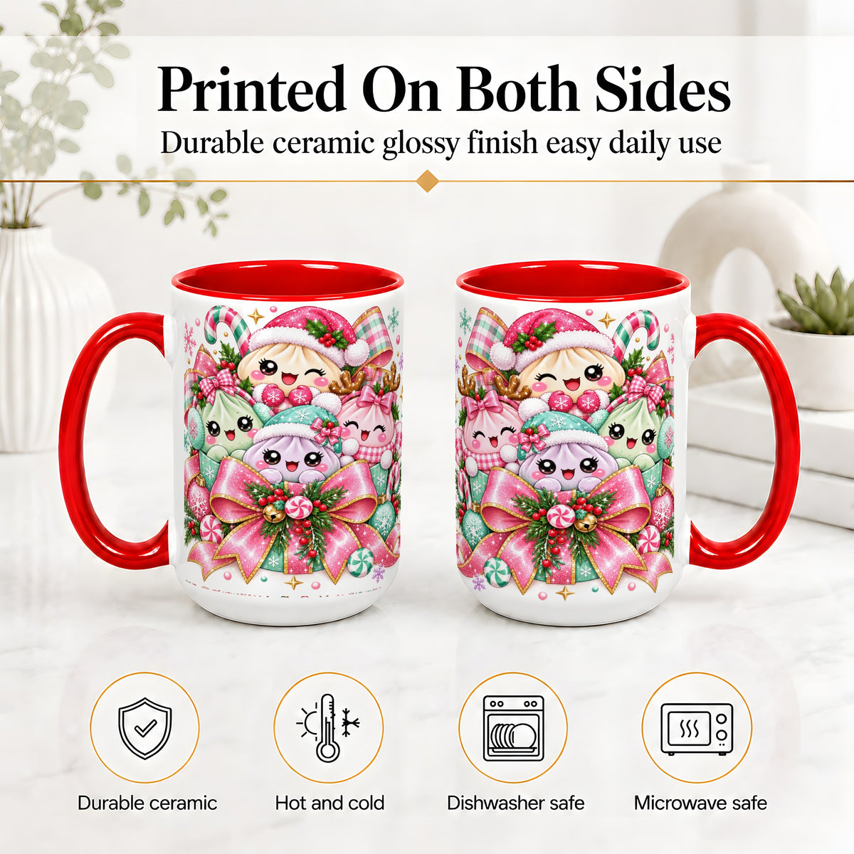 #pl[15oz|Red] Cute Pastel Christmas Ceramic Mug, Holiday Character Artwork