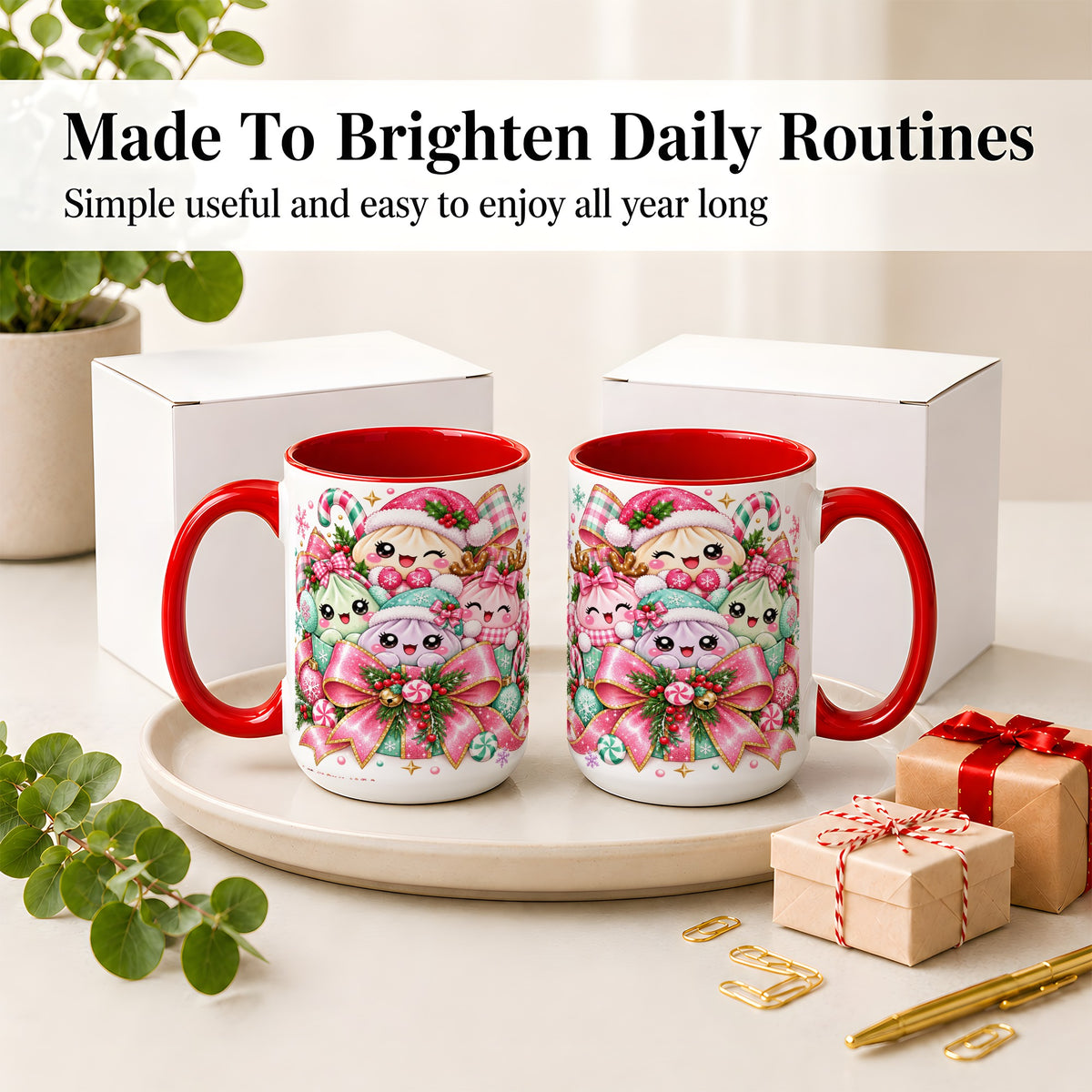 #pl[15oz|Red] Cute Pastel Christmas Ceramic Mug, Holiday Character Artwork