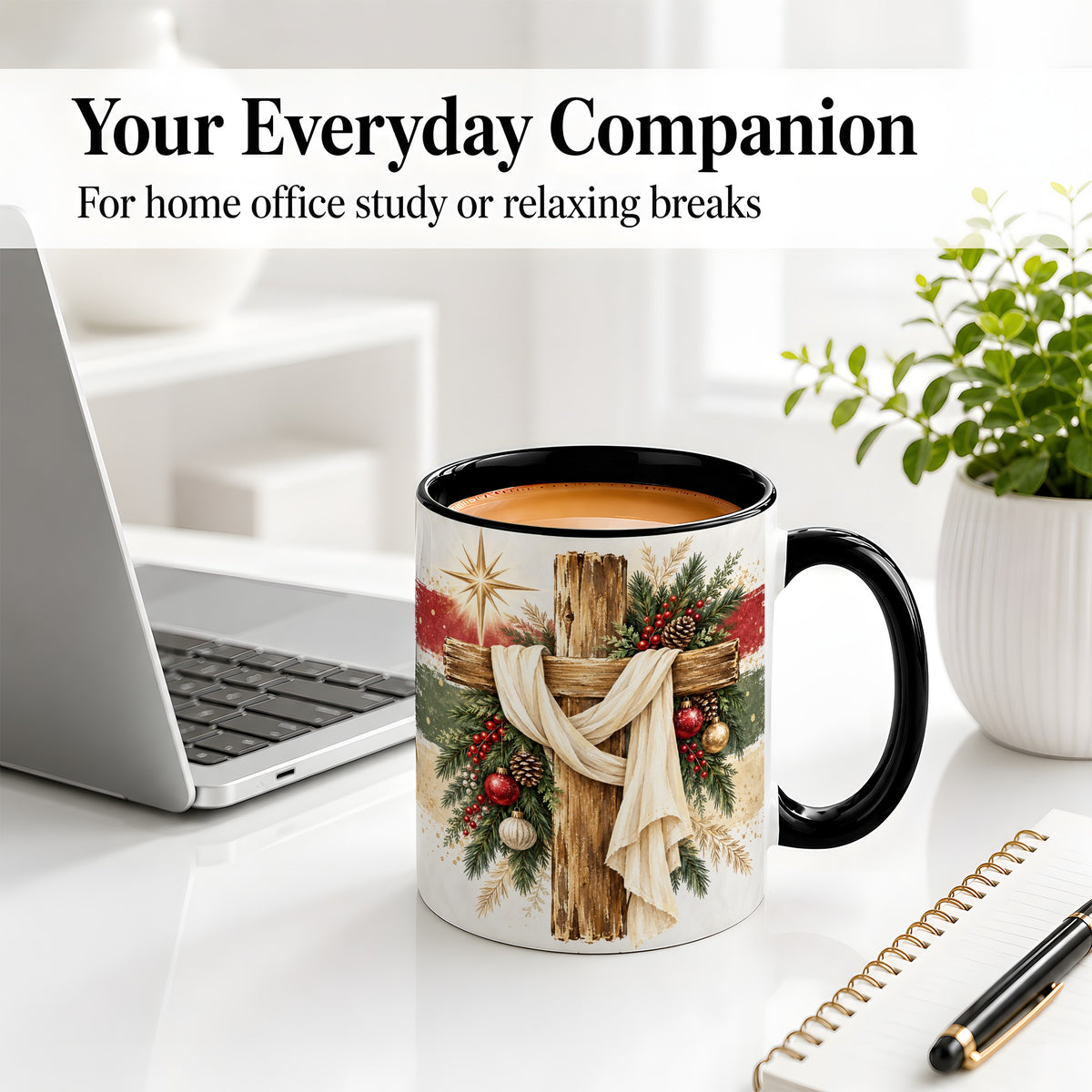 #pl[11oz|Black] Christmas Cross Ceramic Mug, Rustic Christian Holiday Artwork