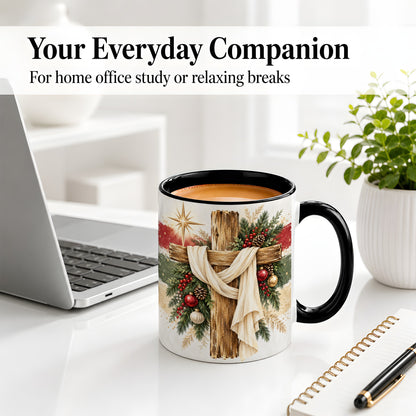 #pl[11oz|Black] Christmas Cross Ceramic Mug, Rustic Christian Holiday Artwork