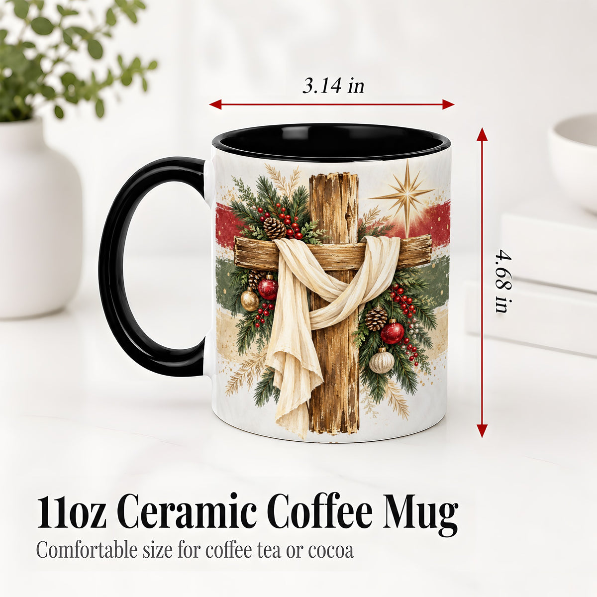 #pl[11oz|Black] Christmas Cross Ceramic Mug, Rustic Christian Holiday Artwork