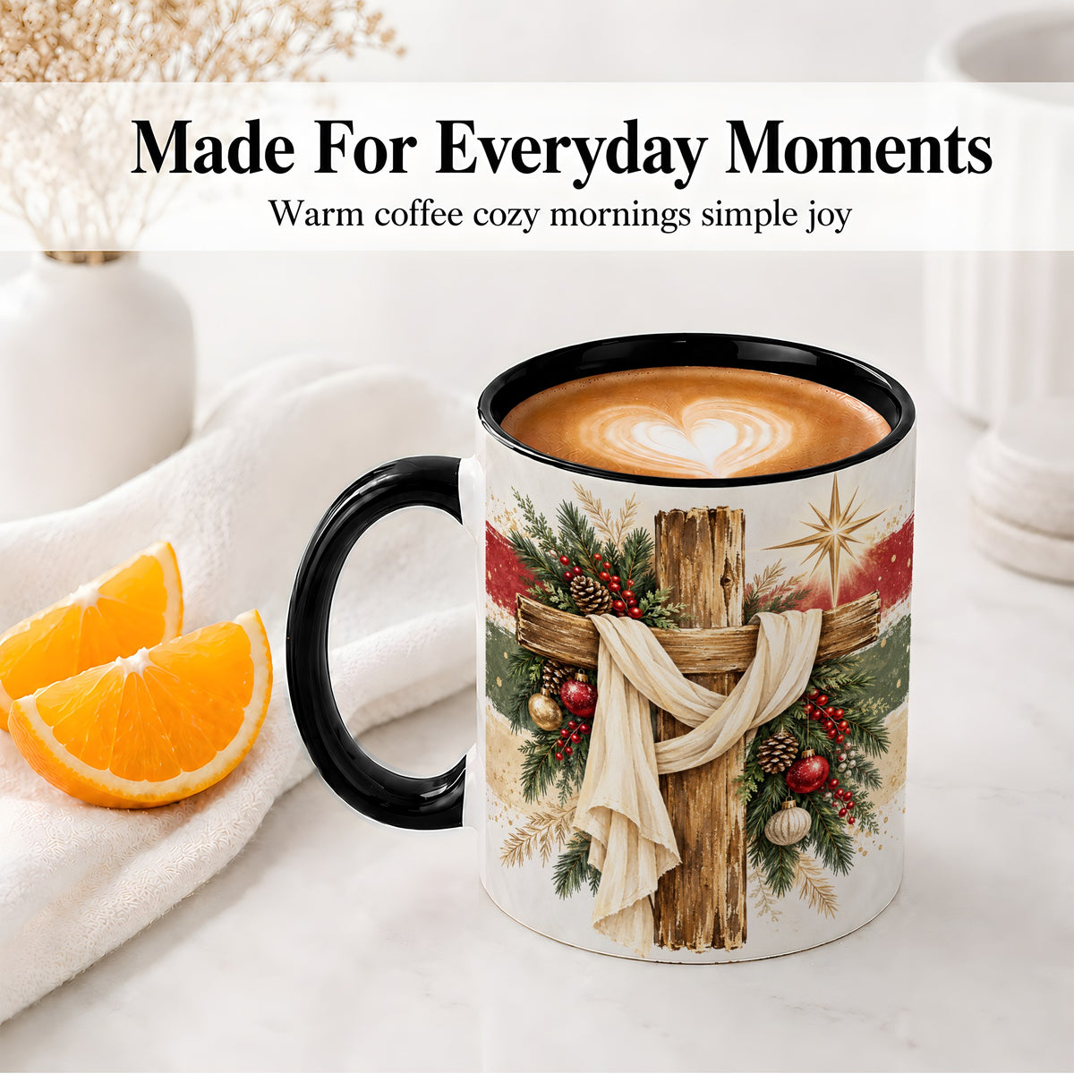#pl[11oz|Black] Christmas Cross Ceramic Mug, Rustic Christian Holiday Artwork