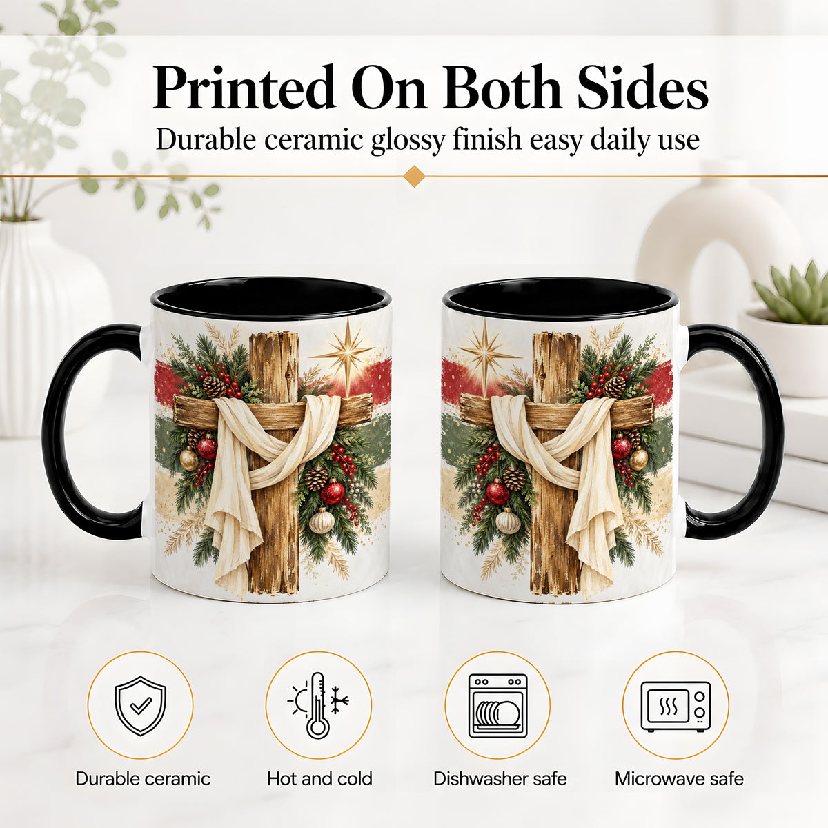 #pl[11oz|Black] Christmas Cross Ceramic Mug, Rustic Christian Holiday Artwork