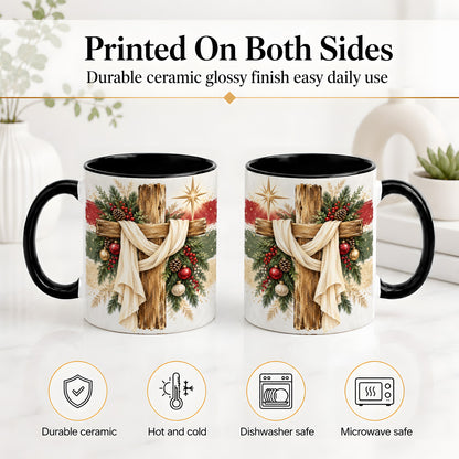 #pl[11oz|Black] Christmas Cross Ceramic Mug, Rustic Christian Holiday Artwork