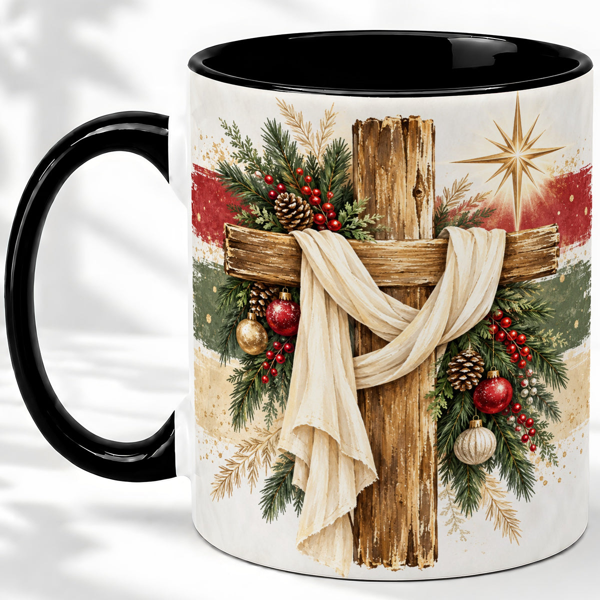 #pl[11oz|Black] Christmas Cross Ceramic Mug, Rustic Christian Holiday Artwork
