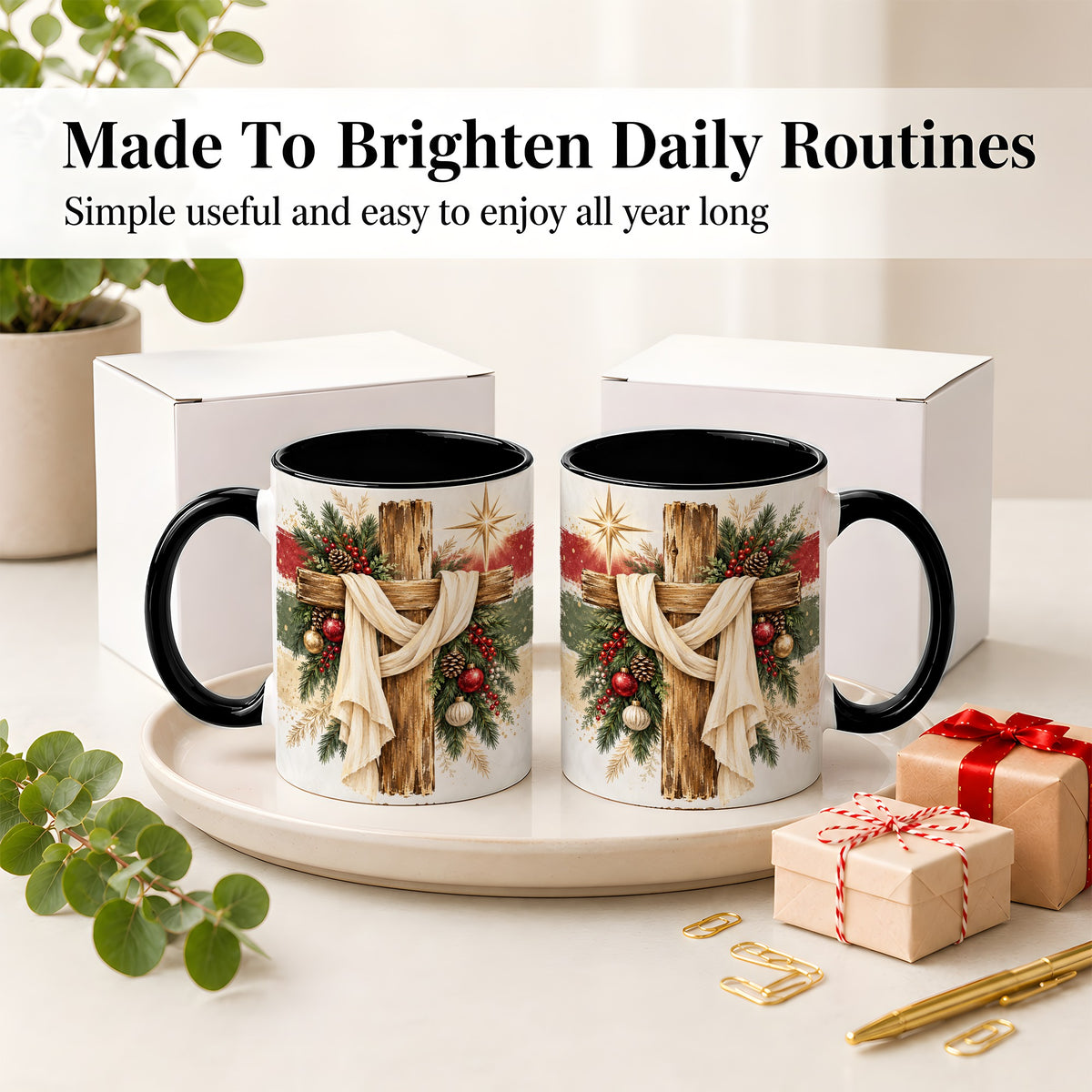 #pl[11oz|Black] Christmas Cross Ceramic Mug, Rustic Christian Holiday Artwork