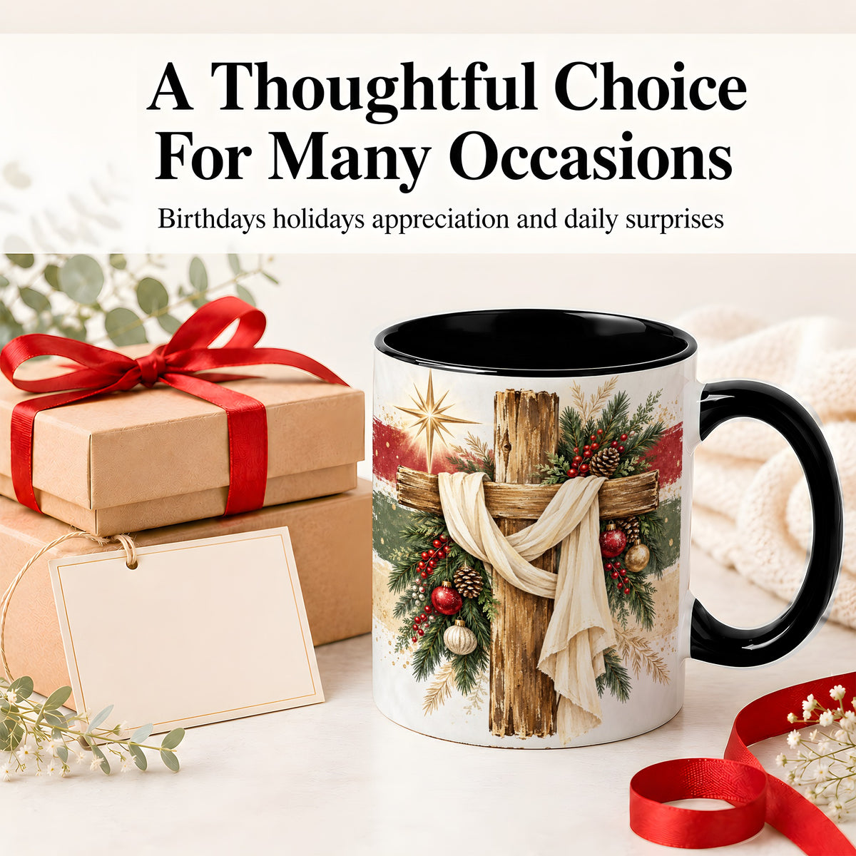 #pl[11oz|Black] Christmas Cross Ceramic Mug, Rustic Christian Holiday Artwork