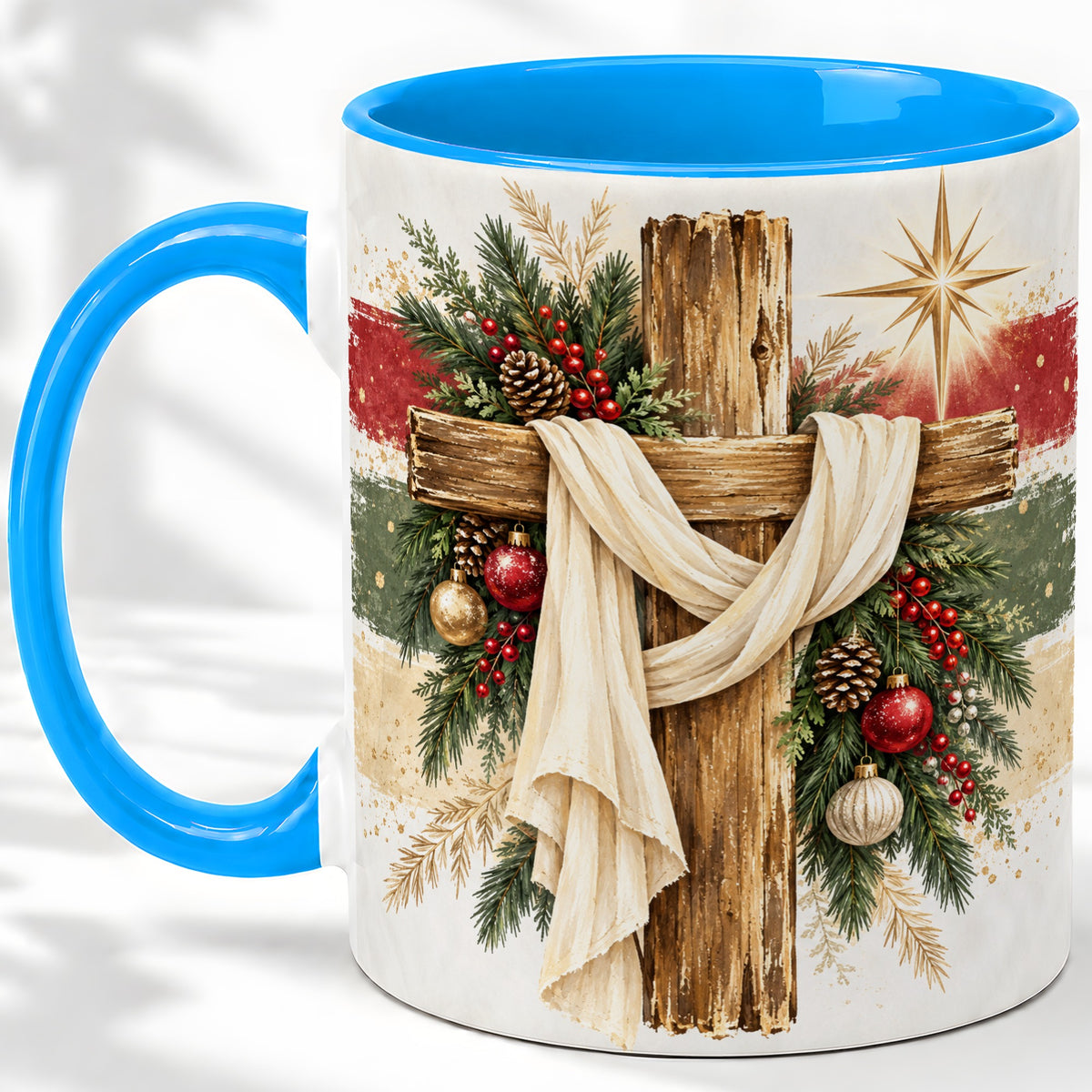#pl[11oz|Blue] Christmas Cross Ceramic Mug, Rustic Christian Holiday Artwork