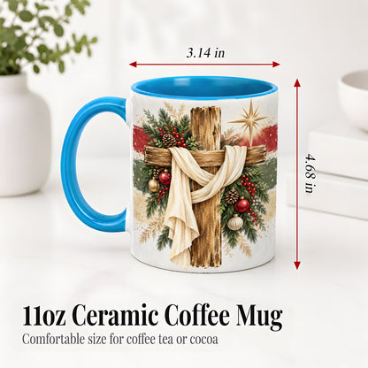 #pl[11oz|Blue] Christmas Cross Ceramic Mug, Rustic Christian Holiday Artwork