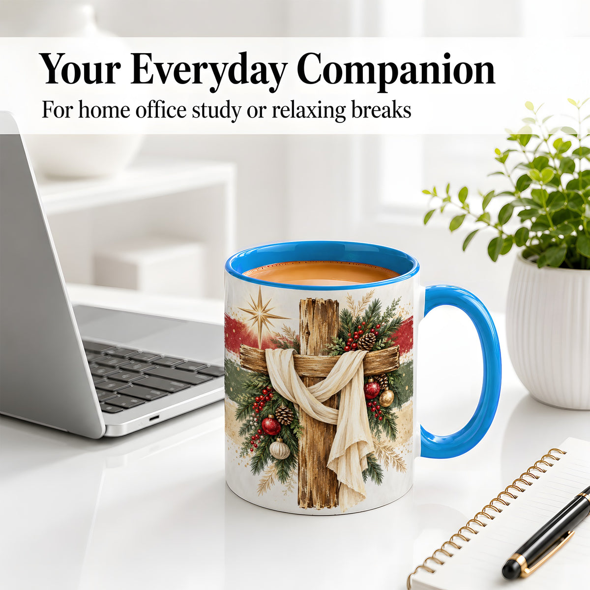 #pl[11oz|Blue] Christmas Cross Ceramic Mug, Rustic Christian Holiday Artwork