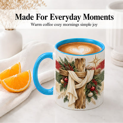 #pl[11oz|Blue] Christmas Cross Ceramic Mug, Rustic Christian Holiday Artwork