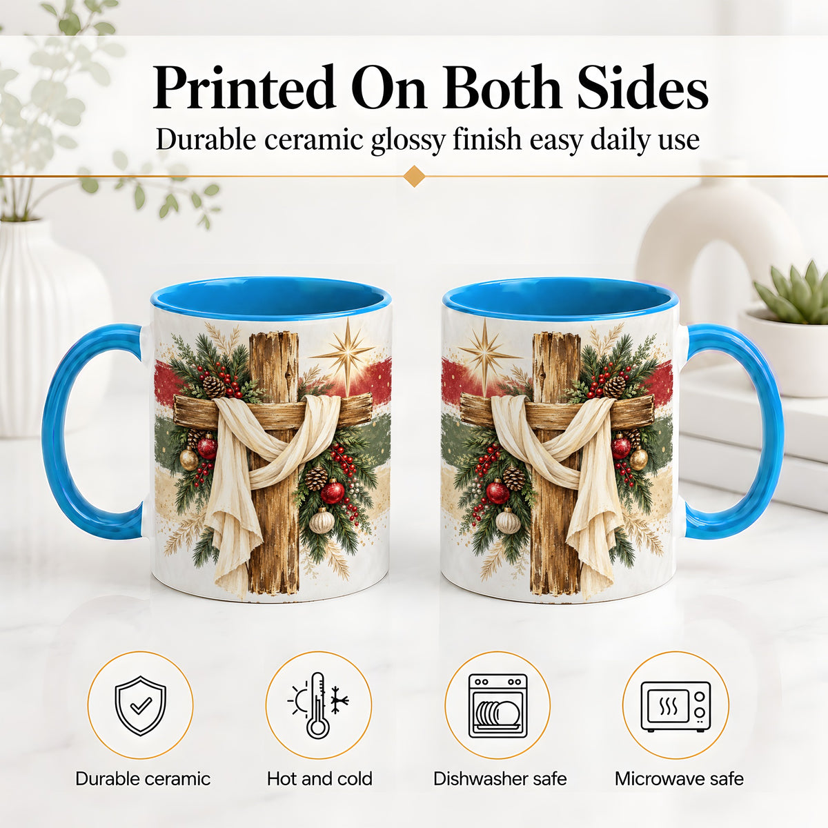 #pl[11oz|Blue] Christmas Cross Ceramic Mug, Rustic Christian Holiday Artwork