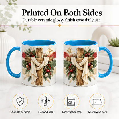 #pl[11oz|Blue] Christmas Cross Ceramic Mug, Rustic Christian Holiday Artwork
