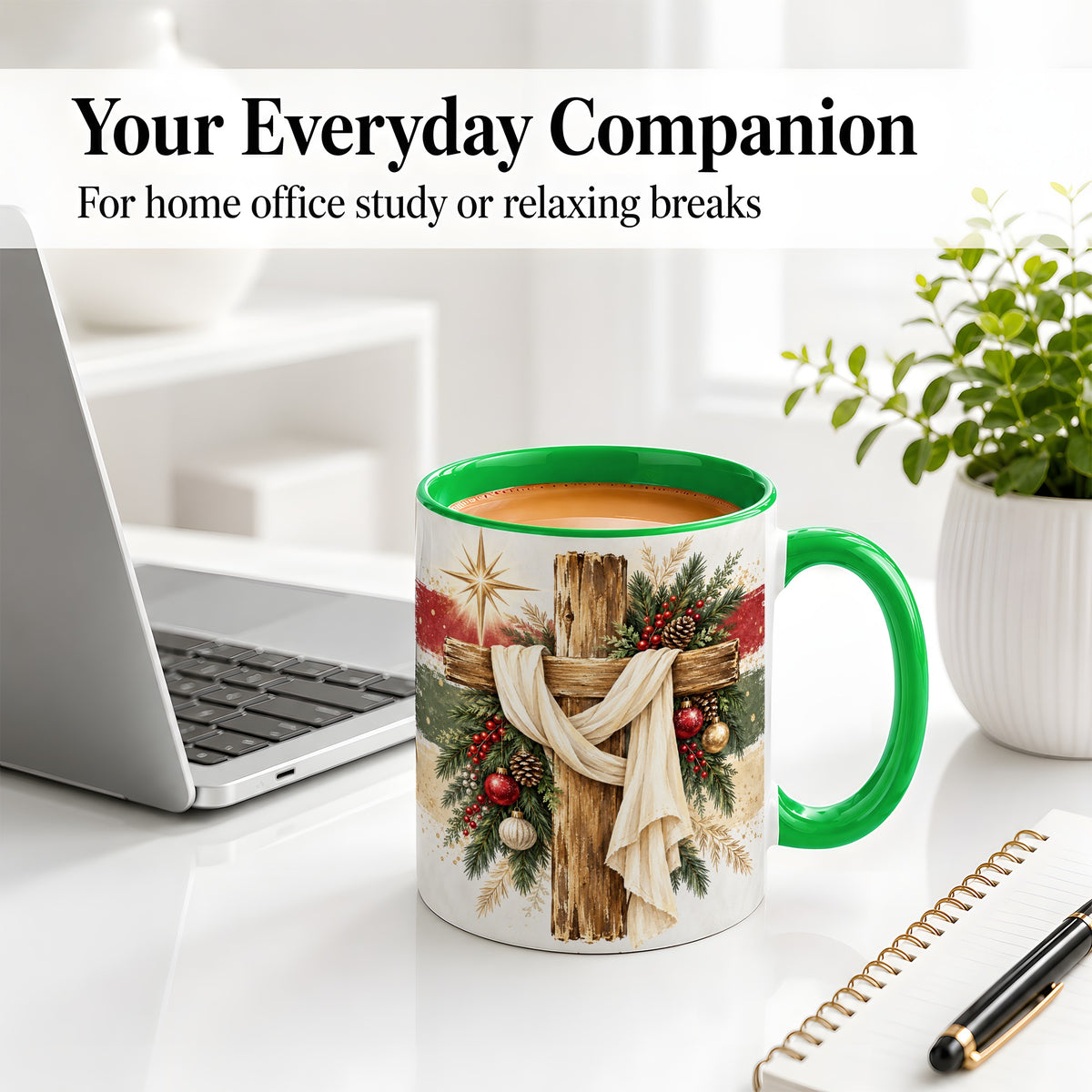 #pl[11oz|Green] Christmas Cross Ceramic Mug, Rustic Christian Holiday Artwork
