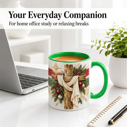 #pl[11oz|Green] Christmas Cross Ceramic Mug, Rustic Christian Holiday Artwork
