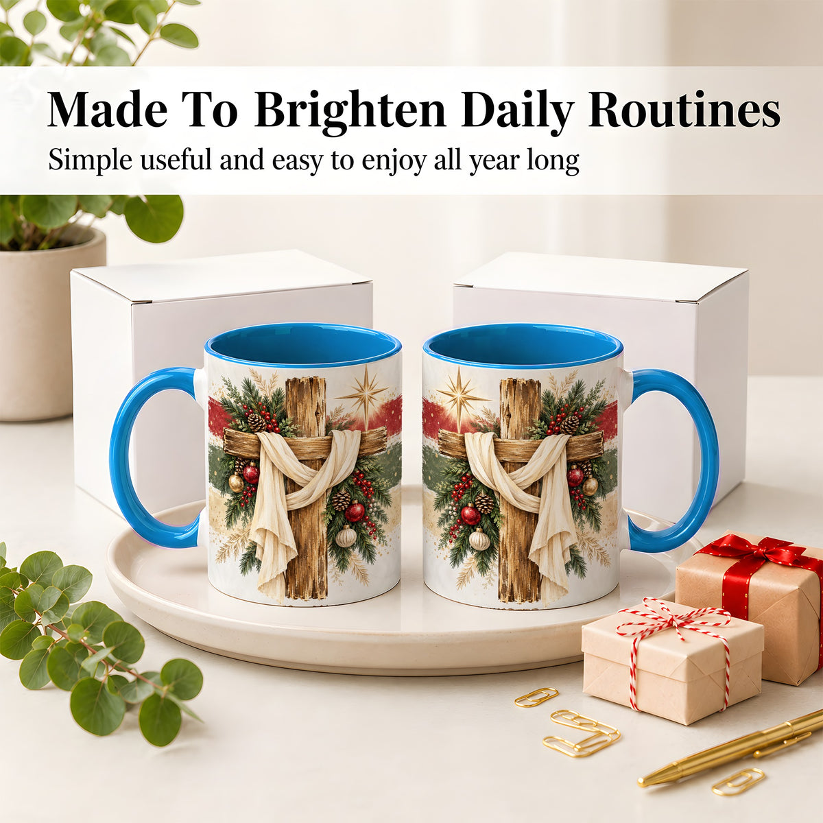 #pl[11oz|Blue] Christmas Cross Ceramic Mug, Rustic Christian Holiday Artwork