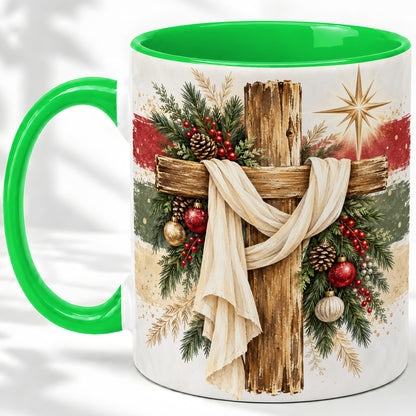 #pl[11oz|Green] Christmas Cross Ceramic Mug, Rustic Christian Holiday Artwork