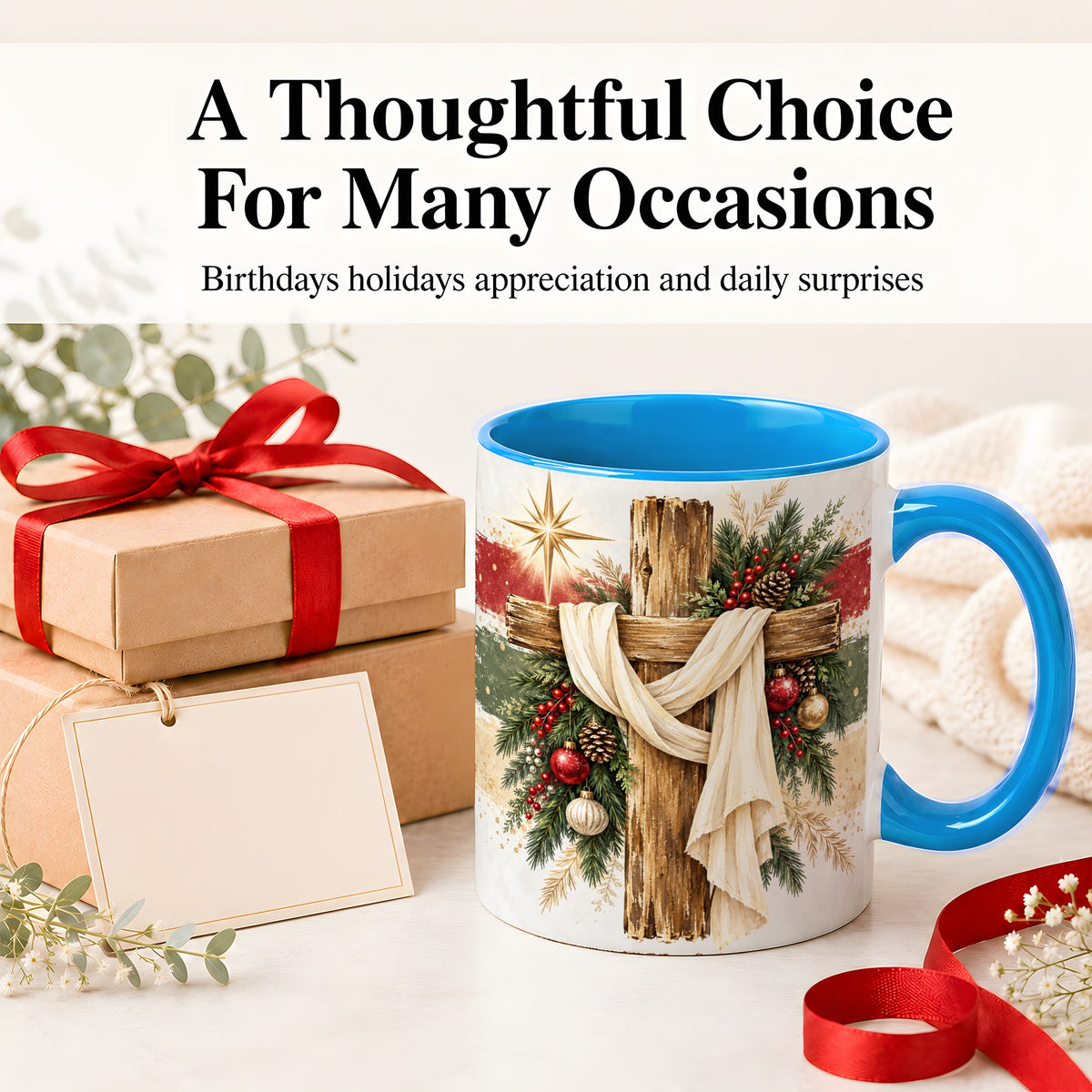 #pl[11oz|Blue] Christmas Cross Ceramic Mug, Rustic Christian Holiday Artwork