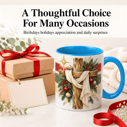#pl[11oz|Blue] Christmas Cross Ceramic Mug, Rustic Christian Holiday Artwork