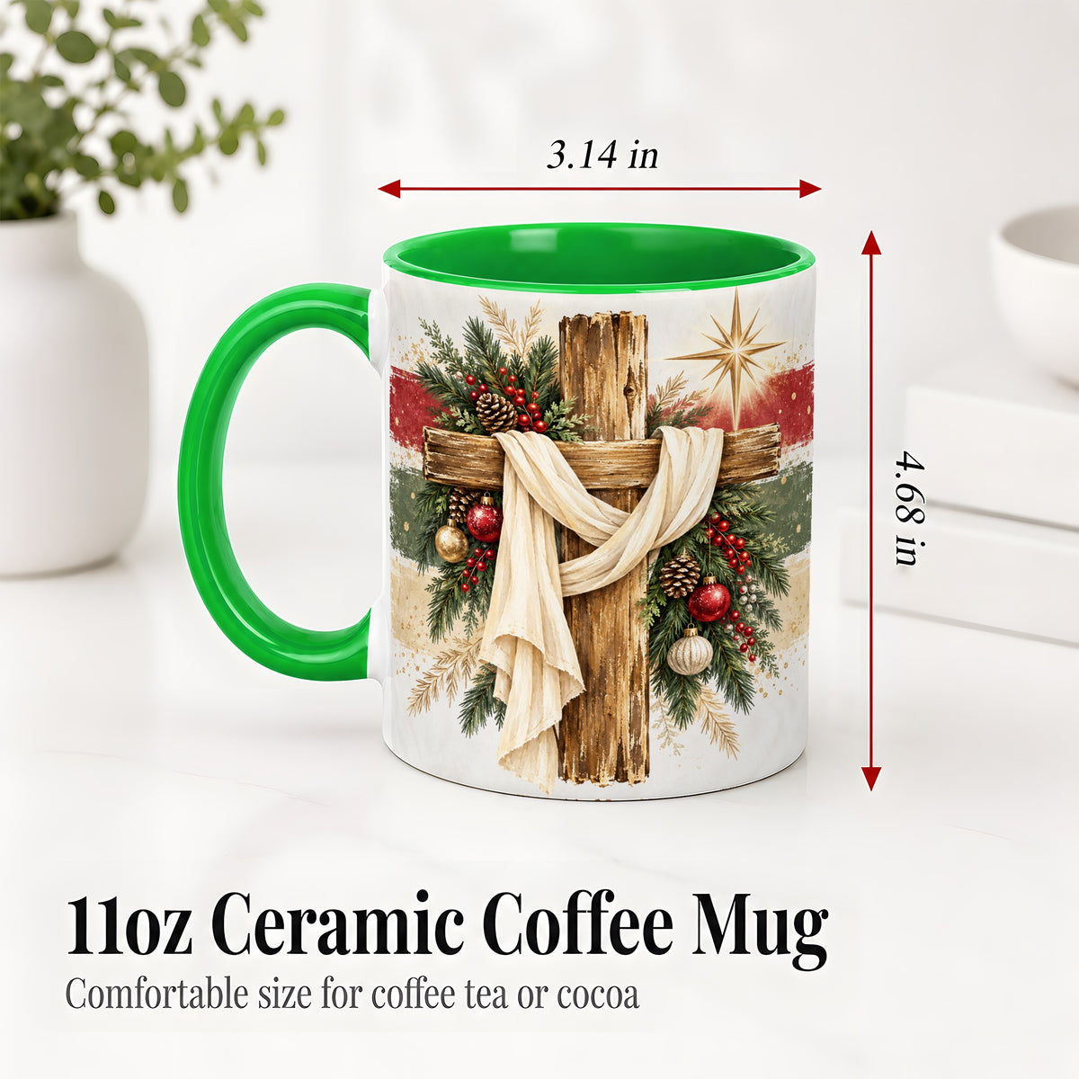#pl[11oz|Green] Christmas Cross Ceramic Mug, Rustic Christian Holiday Artwork