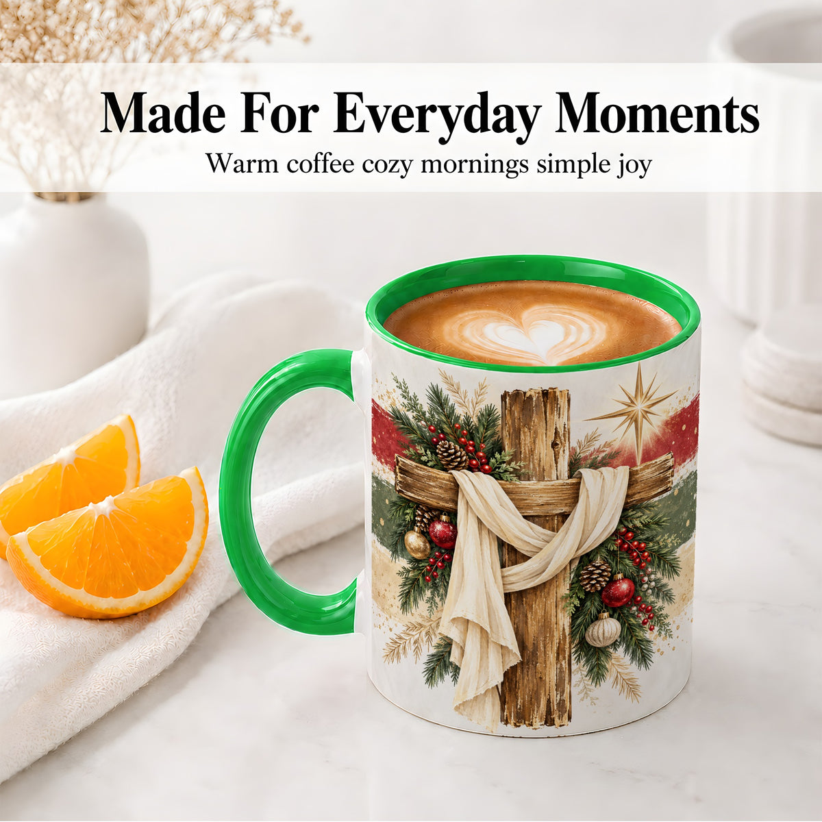 #pl[11oz|Green] Christmas Cross Ceramic Mug, Rustic Christian Holiday Artwork