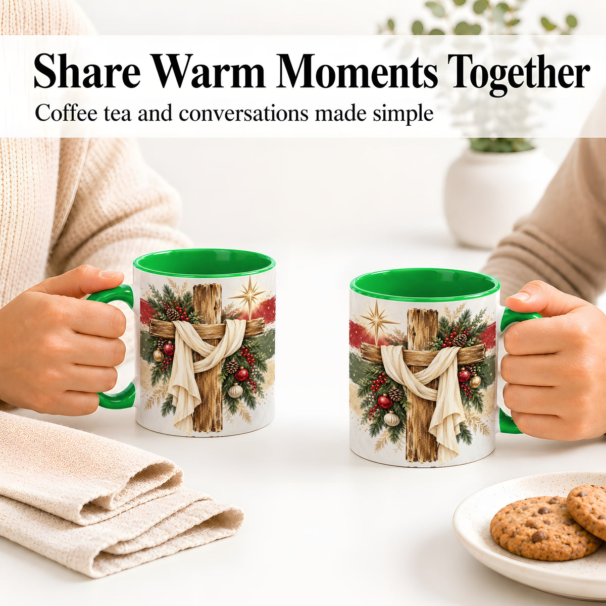#pl[11oz|Green] Christmas Cross Ceramic Mug, Rustic Christian Holiday Artwork