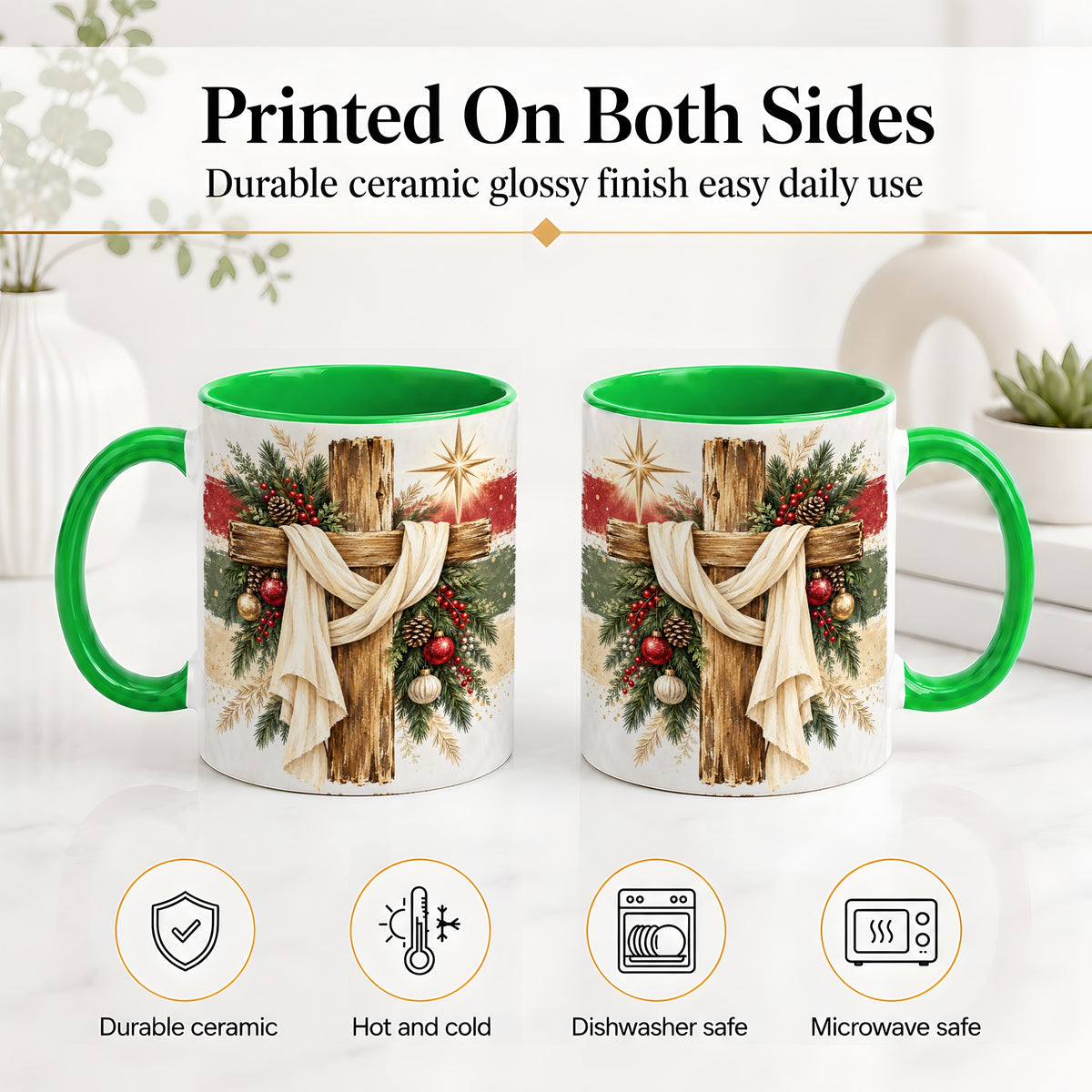 #pl[11oz|Green] Christmas Cross Ceramic Mug, Rustic Christian Holiday Artwork