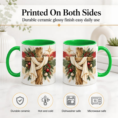 #pl[11oz|Green] Christmas Cross Ceramic Mug, Rustic Christian Holiday Artwork