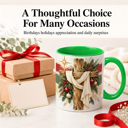 #pl[11oz|Green] Christmas Cross Ceramic Mug, Rustic Christian Holiday Artwork