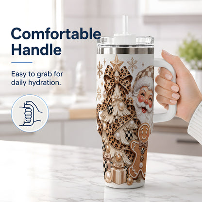 #pl[40oz|White] Checkered Christmas 40oz Tumbler with Leopard Bow and Santa Artwork