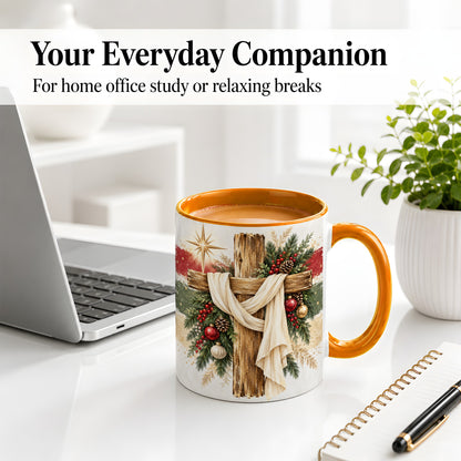 #pl[11oz|Orange] Christmas Cross Ceramic Mug, Rustic Christian Holiday Artwork