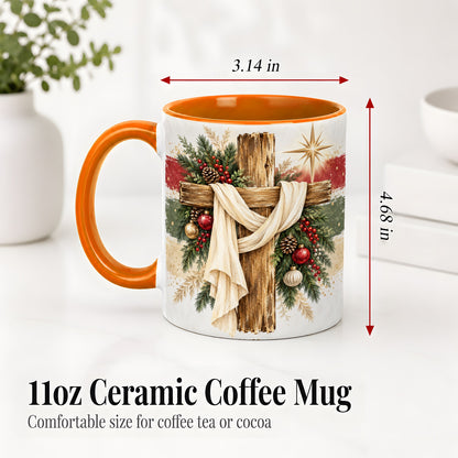 #pl[11oz|Orange] Christmas Cross Ceramic Mug, Rustic Christian Holiday Artwork