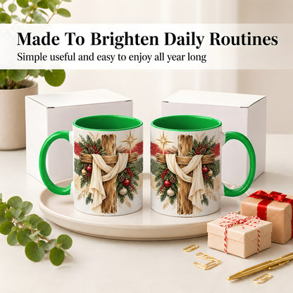 #pl[11oz|Green] Christmas Cross Ceramic Mug, Rustic Christian Holiday Artwork