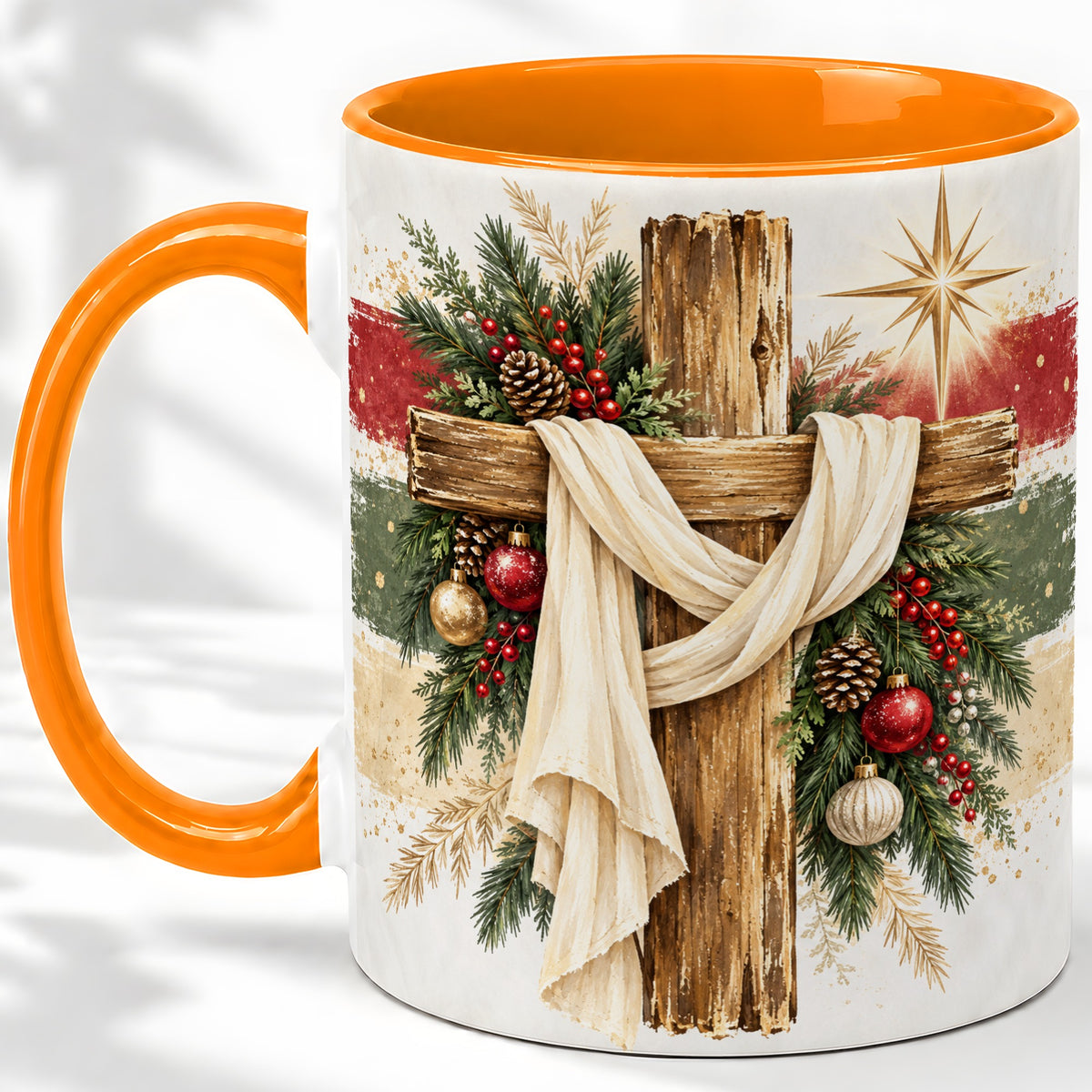 #pl[11oz|Orange] Christmas Cross Ceramic Mug, Rustic Christian Holiday Artwork