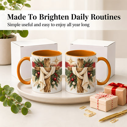 #pl[11oz|Orange] Christmas Cross Ceramic Mug, Rustic Christian Holiday Artwork