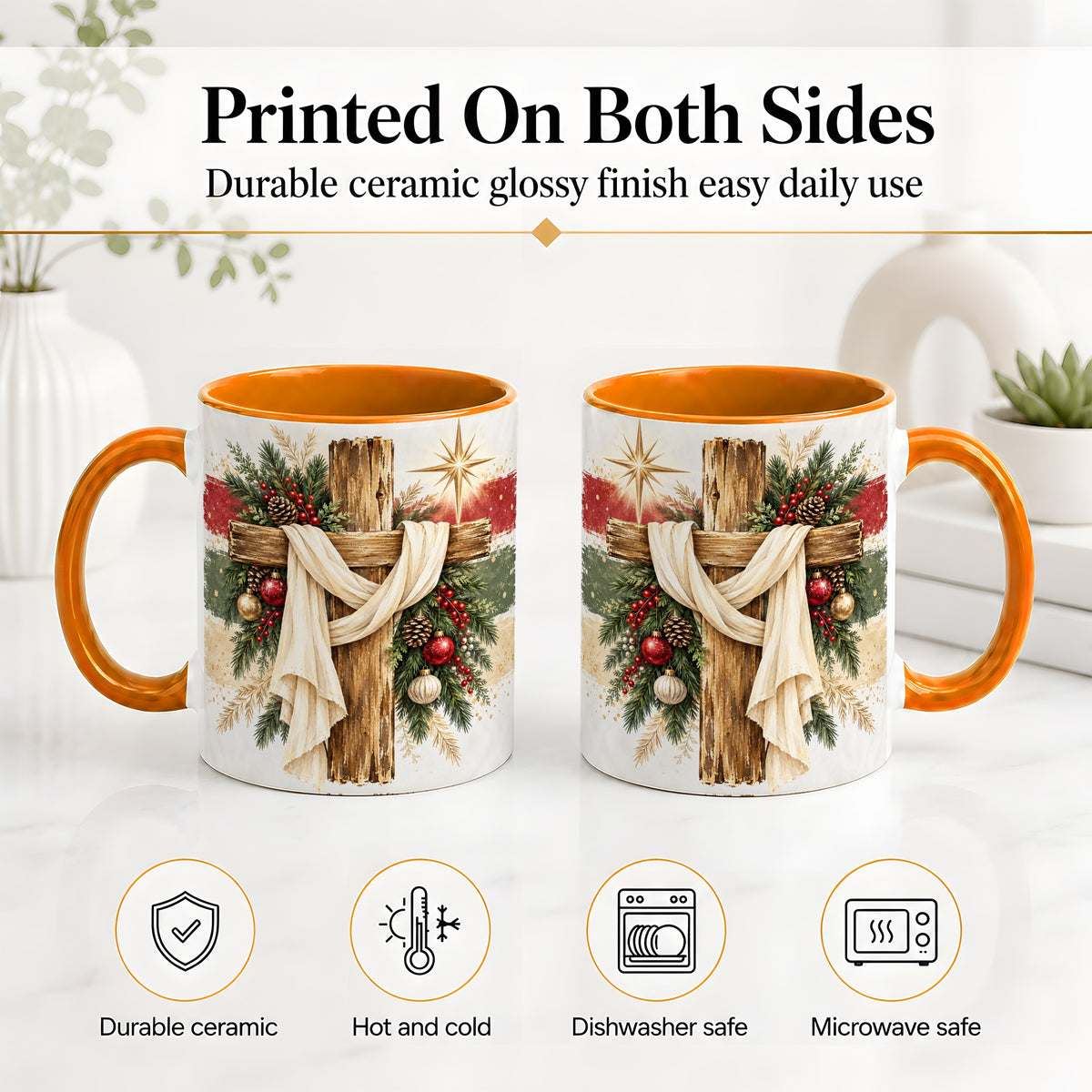 #pl[11oz|Orange] Christmas Cross Ceramic Mug, Rustic Christian Holiday Artwork