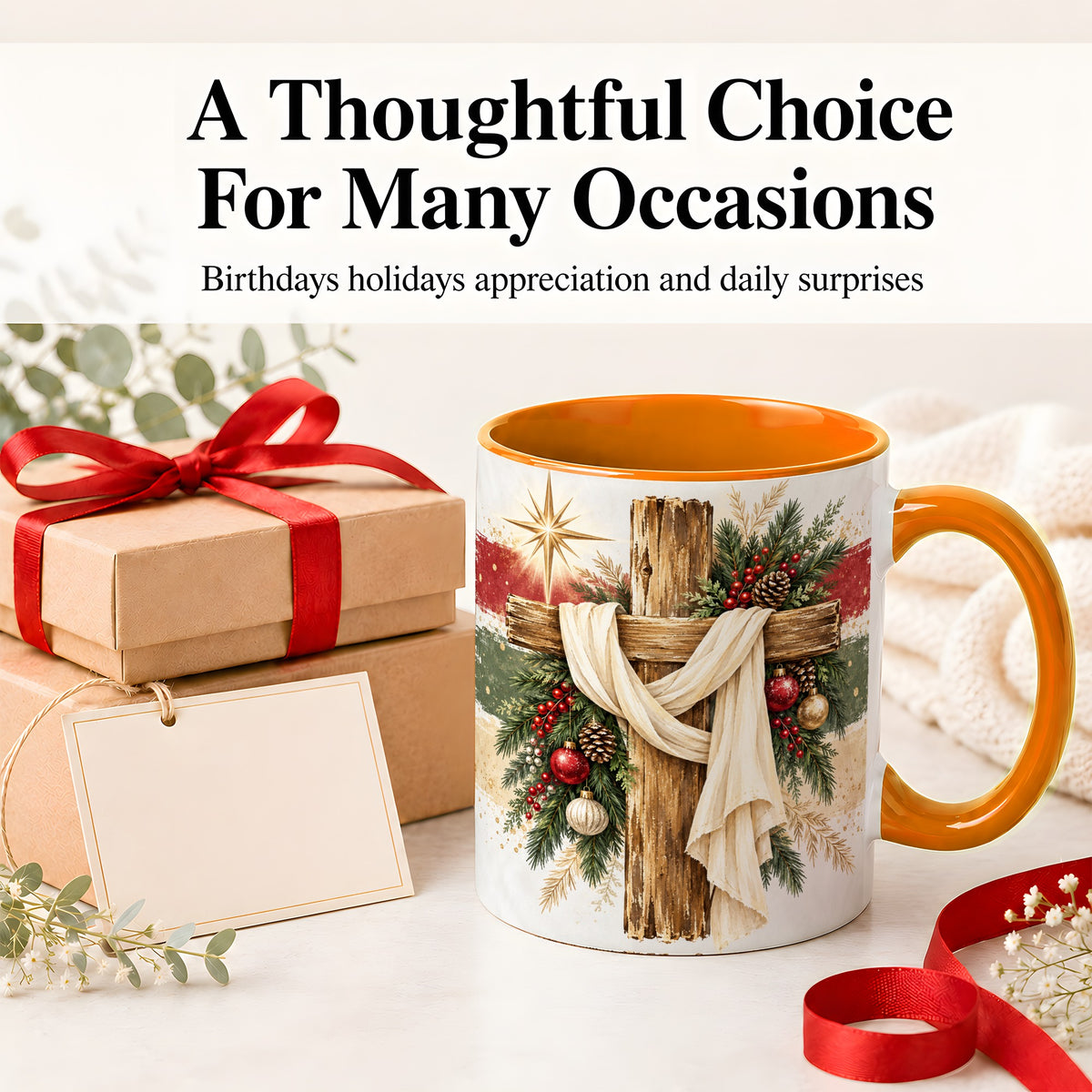 #pl[11oz|Orange] Christmas Cross Ceramic Mug, Rustic Christian Holiday Artwork
