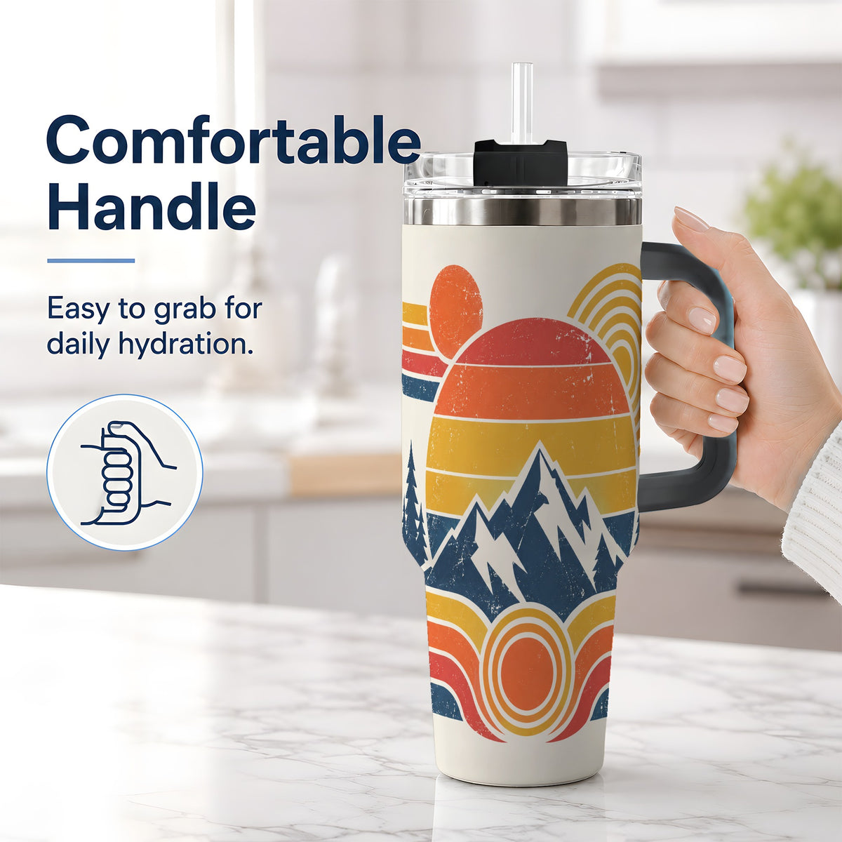 #pl[40oz|Black] Vintage Style Mountain 40oz Tumbler with Geometric Sunset Artwork