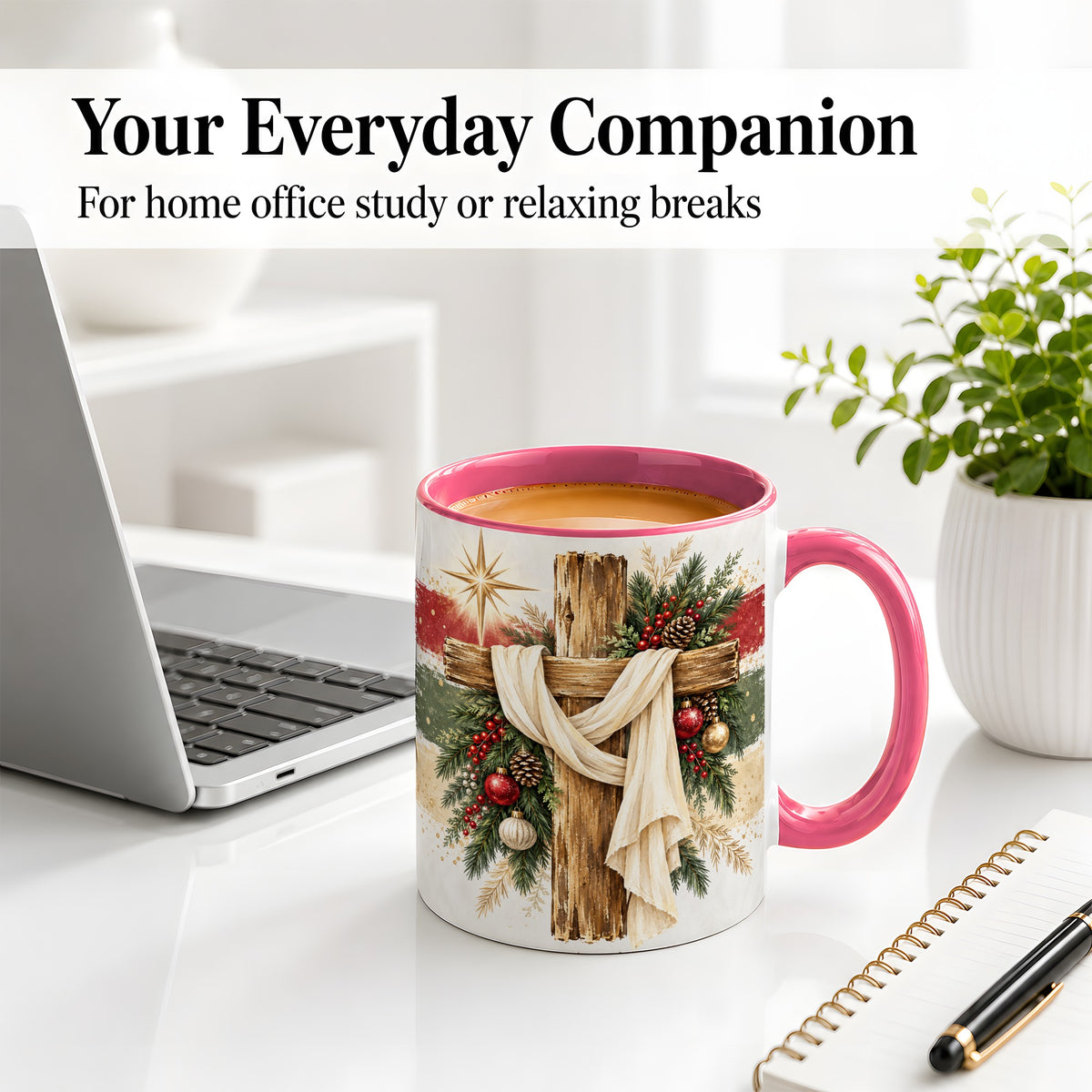 #pl[11oz|Pink] Christmas Cross Ceramic Mug, Rustic Christian Holiday Artwork
