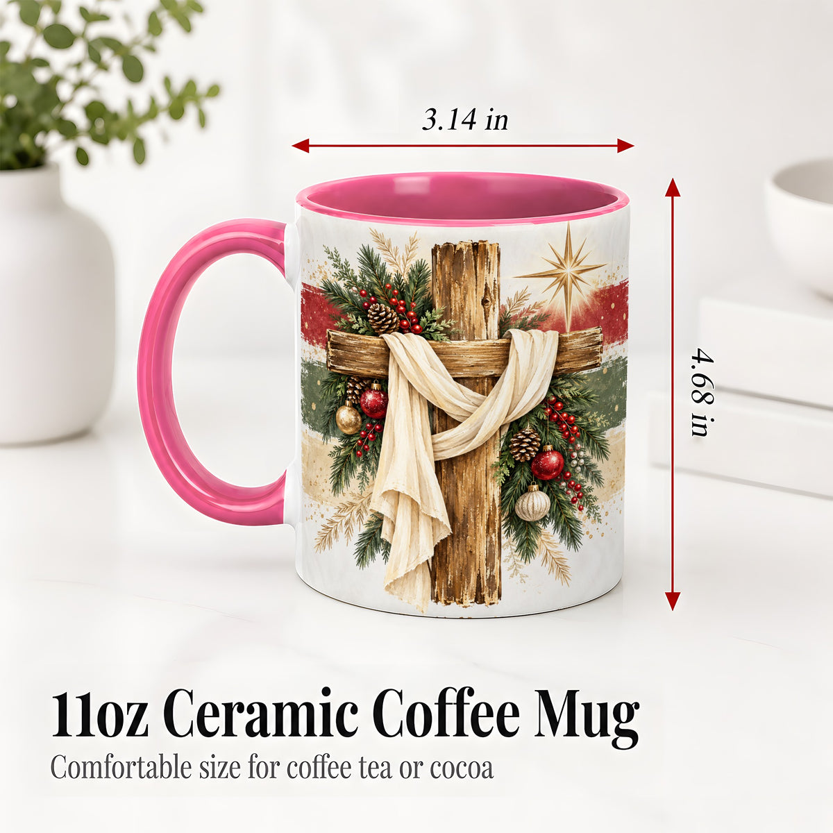 #pl[11oz|Pink] Christmas Cross Ceramic Mug, Rustic Christian Holiday Artwork