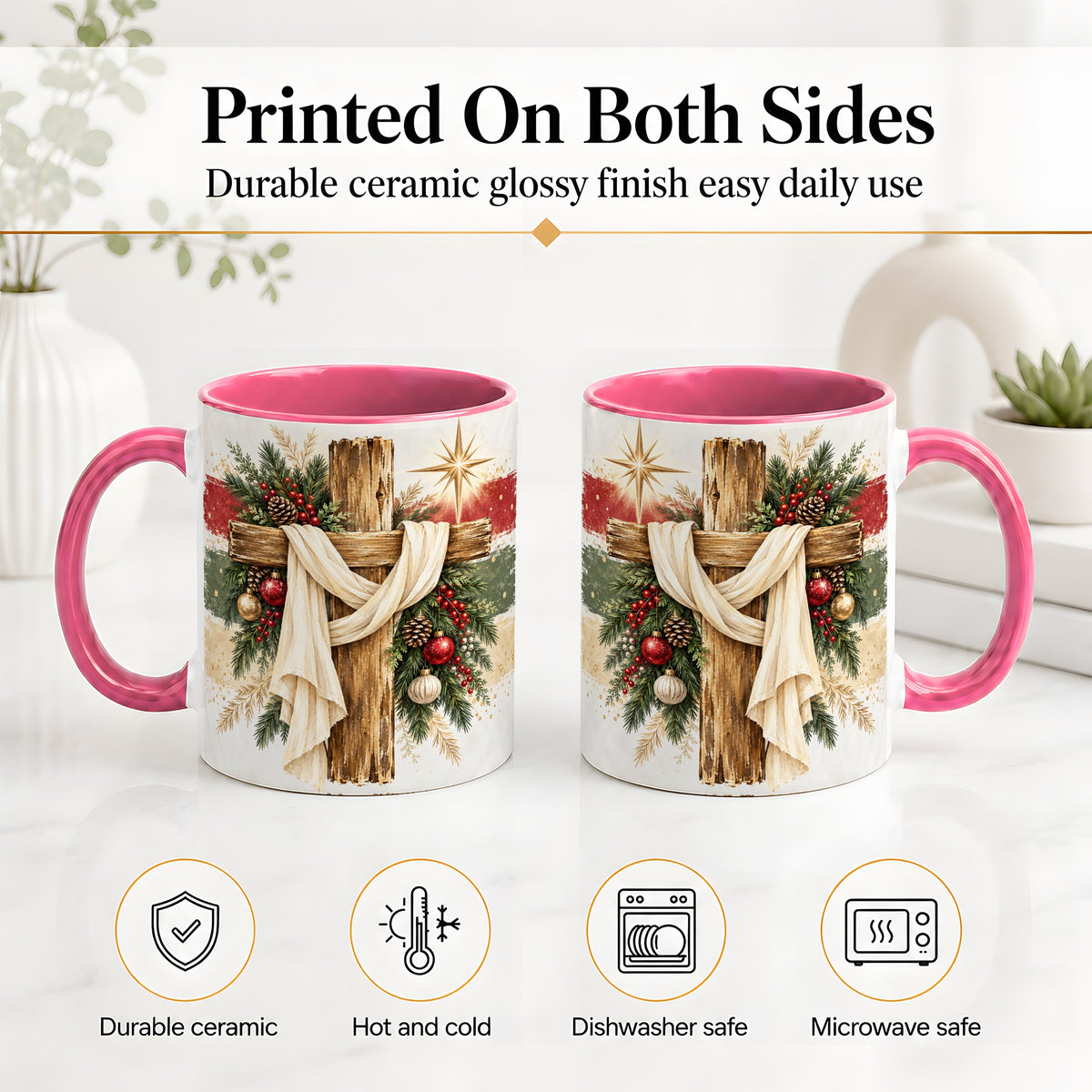 #pl[11oz|Pink] Christmas Cross Ceramic Mug, Rustic Christian Holiday Artwork
