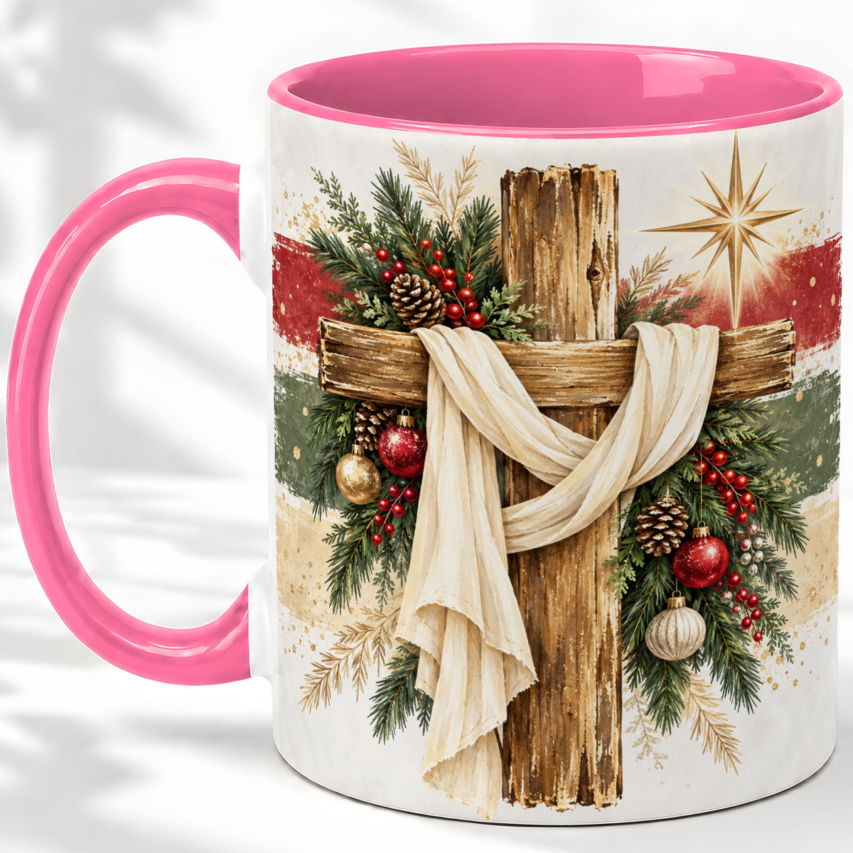 #pl[11oz|Pink] Christmas Cross Ceramic Mug, Rustic Christian Holiday Artwork
