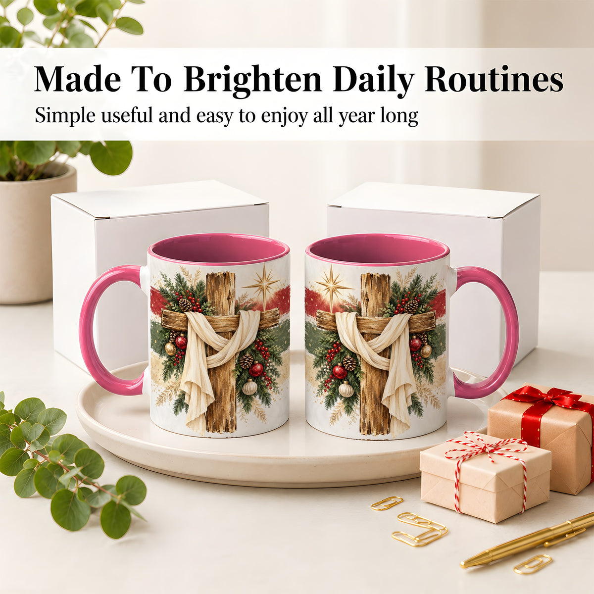 #pl[11oz|Pink] Christmas Cross Ceramic Mug, Rustic Christian Holiday Artwork