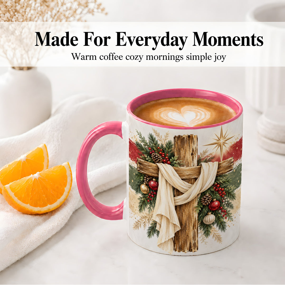 #pl[11oz|Pink] Christmas Cross Ceramic Mug, Rustic Christian Holiday Artwork