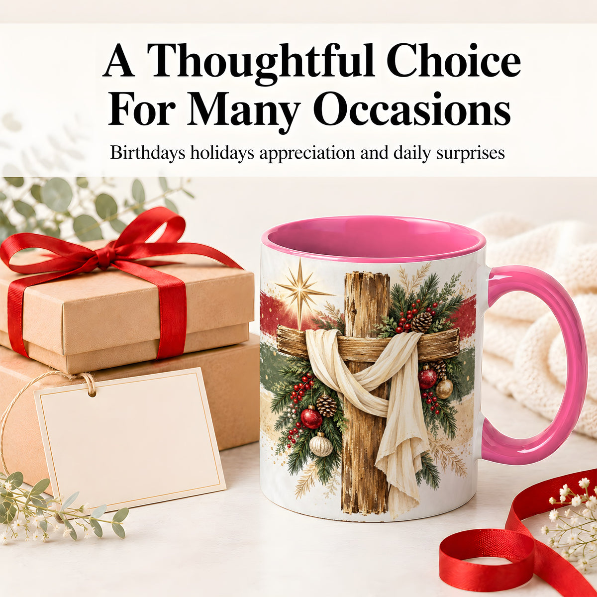 #pl[11oz|Pink] Christmas Cross Ceramic Mug, Rustic Christian Holiday Artwork