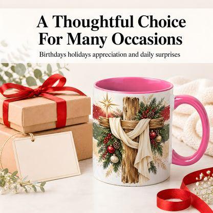 #pl[11oz|Pink] Christmas Cross Ceramic Mug, Rustic Christian Holiday Artwork