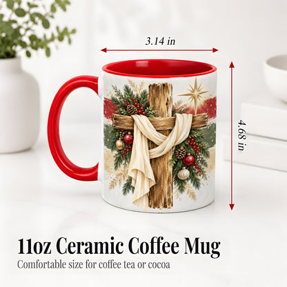 #pl[11oz|Red] Christmas Cross Ceramic Mug, Rustic Christian Holiday Artwork