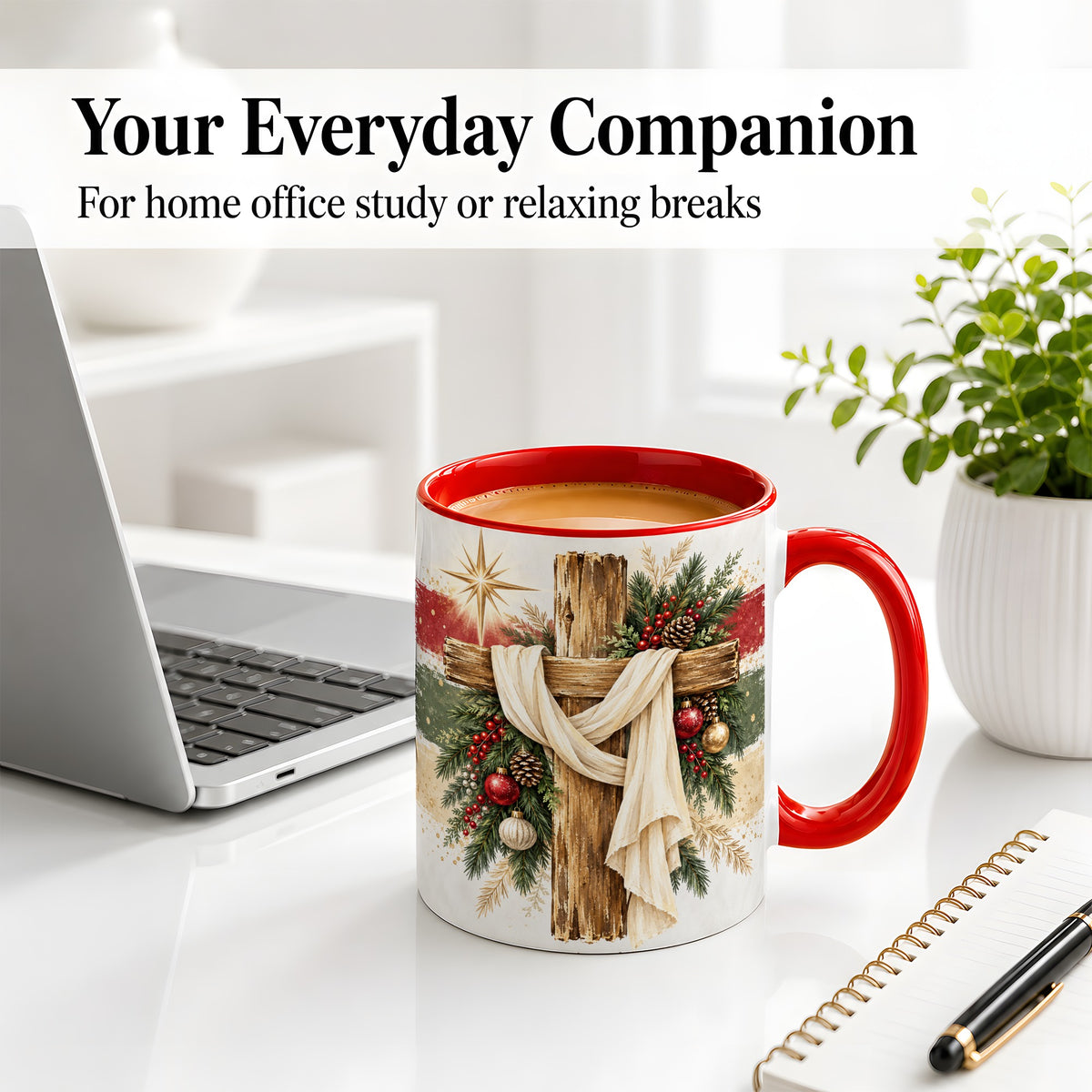 #pl[11oz|Red] Christmas Cross Ceramic Mug, Rustic Christian Holiday Artwork