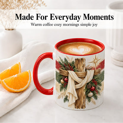 #pl[11oz|Red] Christmas Cross Ceramic Mug, Rustic Christian Holiday Artwork