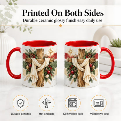 #pl[11oz|Red] Christmas Cross Ceramic Mug, Rustic Christian Holiday Artwork